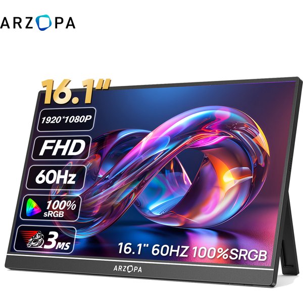 ARZOPA 16,1'' 100% sRGB Tragbarer Monitor FHD1080P IPS-Bildschirm Zweiter Monitor Externer Bildschirm für MAC Laptop PC Xbox/PS/Switch, Z1C