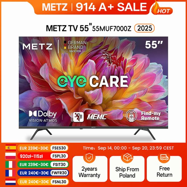 Metz TV 43 55 pouces 4K UHD Smart LED TV Google TV HDR 10 MEMC Dolby Audio Google Cast commande vocale Tuner 43MUF7000Z 55MUF7000Z