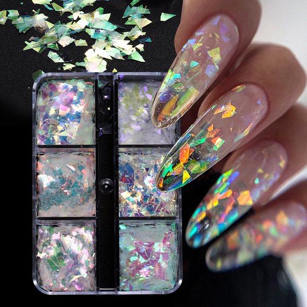 6 grilles AB irisé ongles paillettes flocons irrégulier aurore étincelle paillettes cristal verre fée Paillette bricolage manucure décor tranche