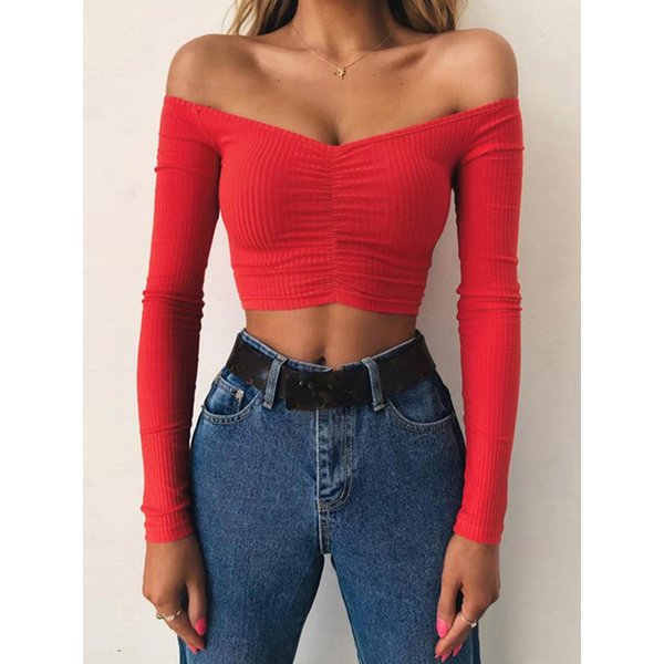 Femmes T-shirts sexy et club mode femme T-shirt à manches longues épaules nues couleur unie dame T-shirt automne T-shirts de base
