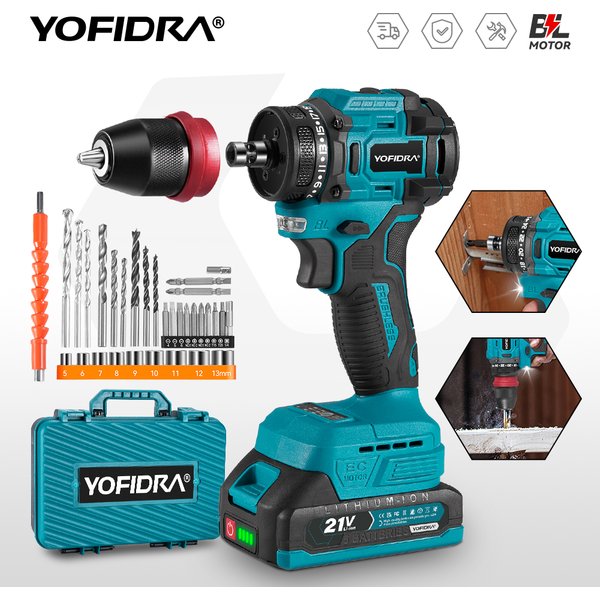 YOFIDRA 10mm Bürstenloser Elektrobohrer 24 Gänge Kabelloser Multifunktions-Elektroschrauber für Makita 21V Akku