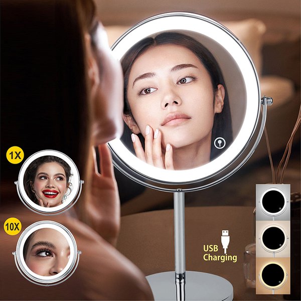 8 Inch Makeup Mirror with LED 3 Color Lights 5X7X10X Magnification Double Sided Vanity Mirror USB Charging Desktop Table Mirrors