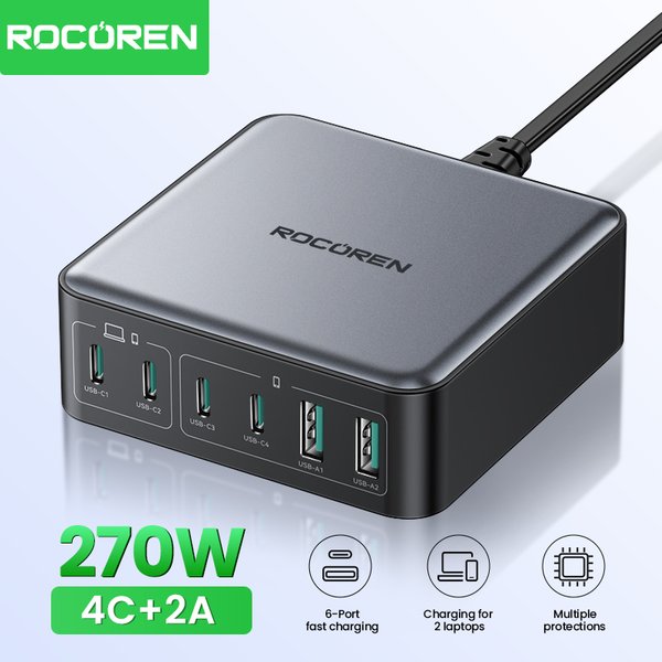 Rocoren 200W GaN chargeur PD charge rapide USB Type C chargeur 270W 6 en 1 centrale électrique USBC pour iPhone 16 15 Pro Max Xiaomi 14