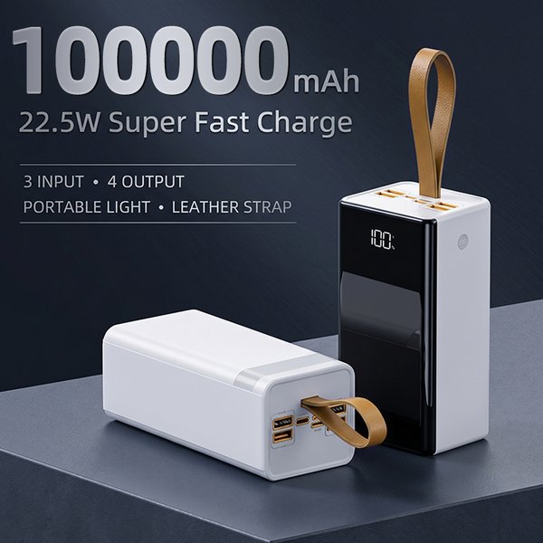 100000mAh tragbare Powerbank, 22,5W schnelles Laden, tragbares Ladegerät, gleichzeitiges Laden von 7 Geräten, LED-Digitalanzeige, integrierte Taschenlampe mit Tragegurt, Akkupack mit hoher Kapazität,