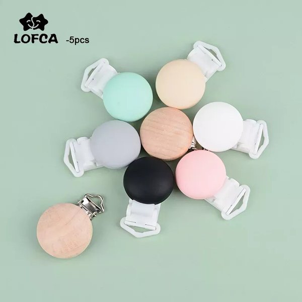 Clips en bois pour bébé, 5 pièces/lot, porte-sucette factice, couleur unie, bois naturel, accessoires d'alimentation pour bébé, fermoir de sucette en métal