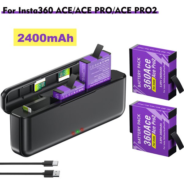Zamienna bateria do Insta360 Ace Pro 2, Insta360 Ace Pro 2400mAh, do Insta360 Ace, bateria do kamery Insta 360 Ace Pro 2 z 3-gniazdową ładowarką USB LCD do szybkiego ładowania.
