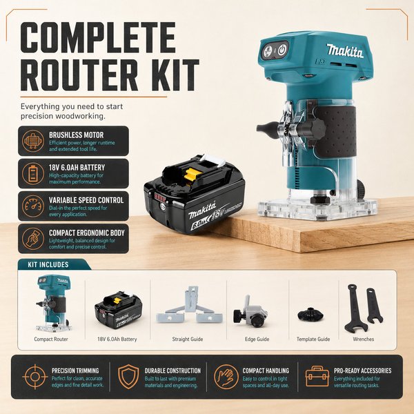 Makita DRT52 Akku-Kompaktfräser, kompatibel mit 18V LXT-Akkus, Multifunktionsfräser mit hervorragender Präzision für Kantenbearbeitung, Konturarbeiten und Nutfräsarbeiten