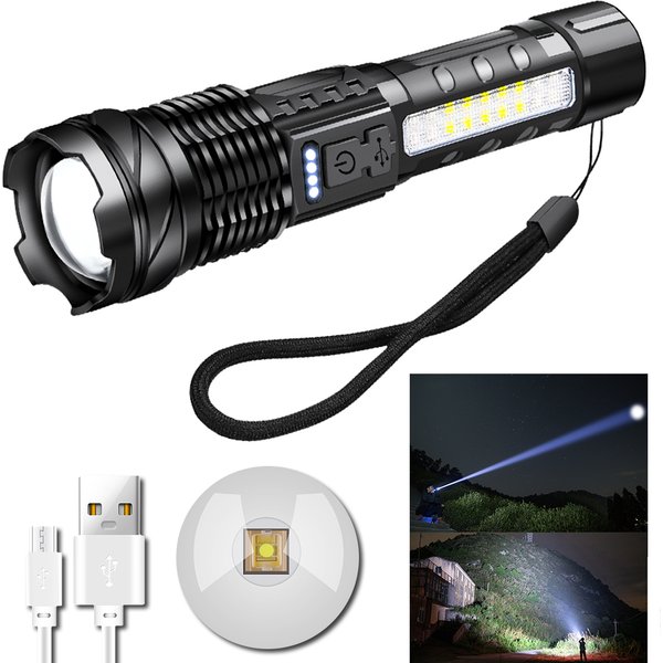 XHP50 und COB-Taschenlampe mit starkem Licht, tragbar, USB C, wiederaufladbar, helle Haushalts-LED-Lampe, eingebauter Akku mit Leistungsanzeige