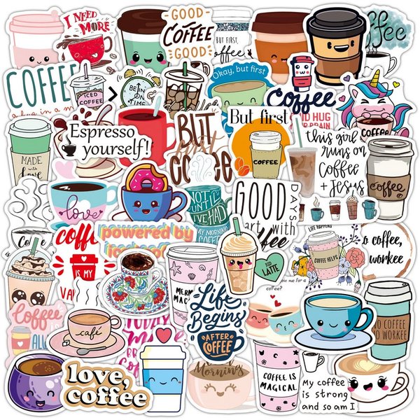50pcs dessin animé café autocollants expresso Latte moka belle mignon autocollant bricolage ordinateur portable vinyle décalcomanies pour fille enfants cadeau jouet étanche