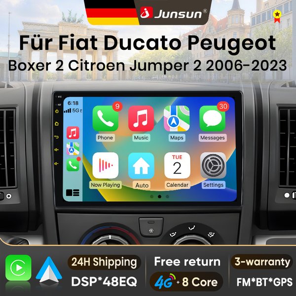 Junsun 9-Zoll Android 15 Autoradio für Fiat Ducato, Peugeot Boxer 2, Citroen Jumper 2 (2006-2023) mit Apple CarPlay, IPS-Bildschirm, Stereo-Multimedia-Videoplayer, Intelligentes Fahrzeugsystem, 2-DIN