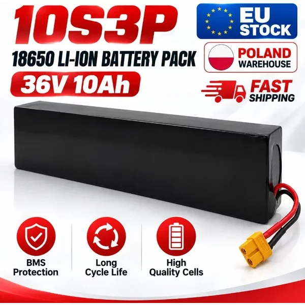 Li-Ion-Akku 36V 10Ah 10000mAh 10S3P 500W mit integriertem BMS für Elektro-Scooter KUGOO S1 S2 S3, wiederaufladbarer 18650-Zellen-Pack, hohe Kapazität, Ersatz für Elektro-Scooter, EU-Lager und