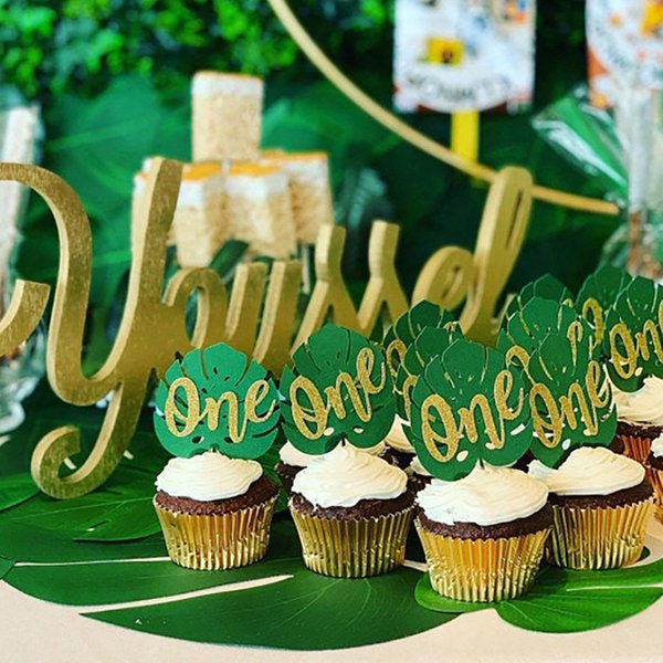 Topper de gâteau Happy Birthday pour garçon et fille, accessoire de décoration à paillettes dorées, pour un premier anniversaire, pour une fête Chi, safari dans la jungle