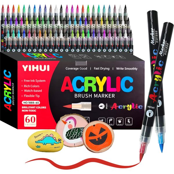 Marqueurs de stylos de peinture acrylique 12/24/36/48/60 couleurs Marqueurs de peinture à pointe pinceau Pour la peinture de roche, bois, pierre, verre, cadeau, artisanat de bricolage