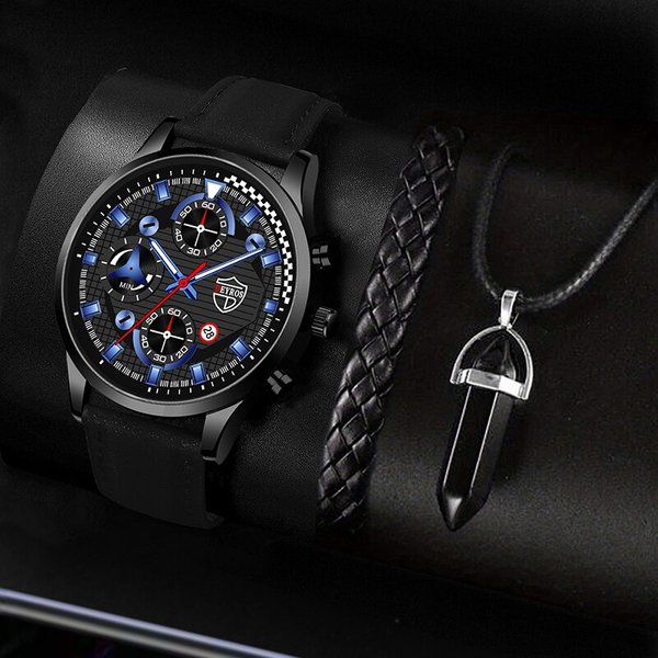 3PCS costume mode collier bracelet de sport pour hommes, montre à quartz pour homme montre d'affaires classique montre en cuir décontractées pour hommes