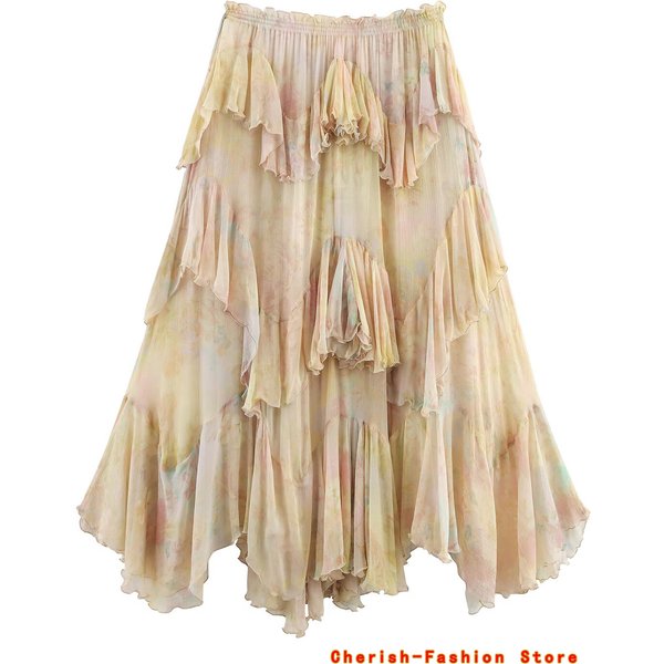 Französischer Stil, floraler Spitzen-A-Linien-Rock, Frühling und Herbst, neuer Stil für Damen, Rüschenrock, bedruckt, halblanger Rock, Polyesterfaser