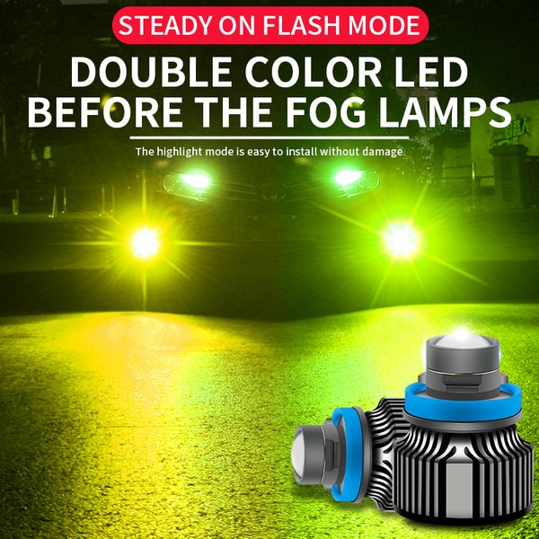 Zweifarbiger Laser-LED-Scheinwerfer, zitronengrüne Farbe, H7, H11, 9005, 9006, 50 W, LED-Linse, Nebelscheinwerfer, gelb, grün, weiß, Auto-LED-Lampen