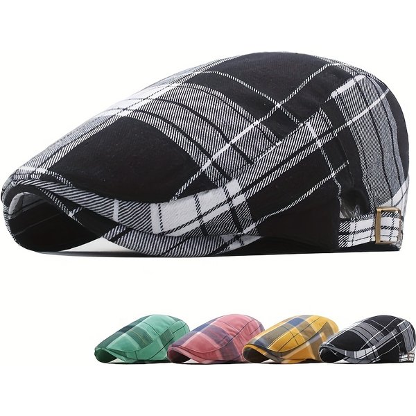 Men's Plaid Pattern Flat Cap Newsboy Hat Women Beret Cabbie Gatsby Cap