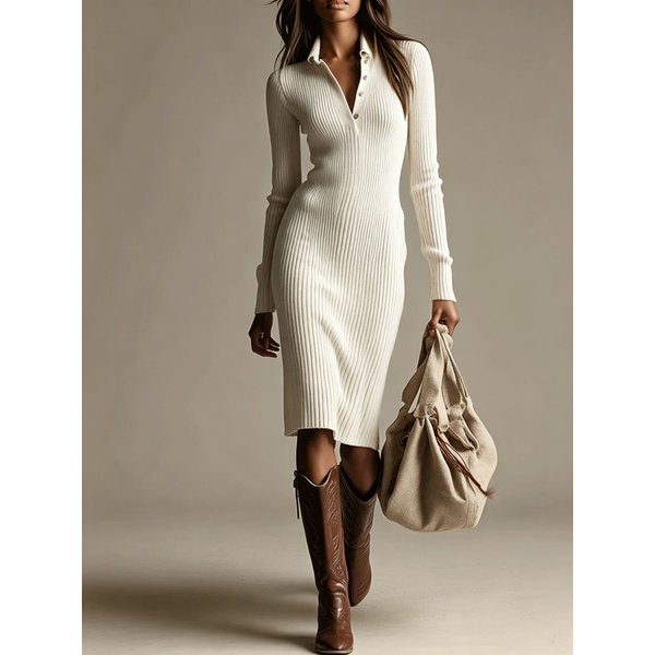 Robe moulante à manches longues et col à revers côtelé unie pour femme, nouvelle collection automne-hiver 2026, robe midi élégante et flatteuse pour femme ERP