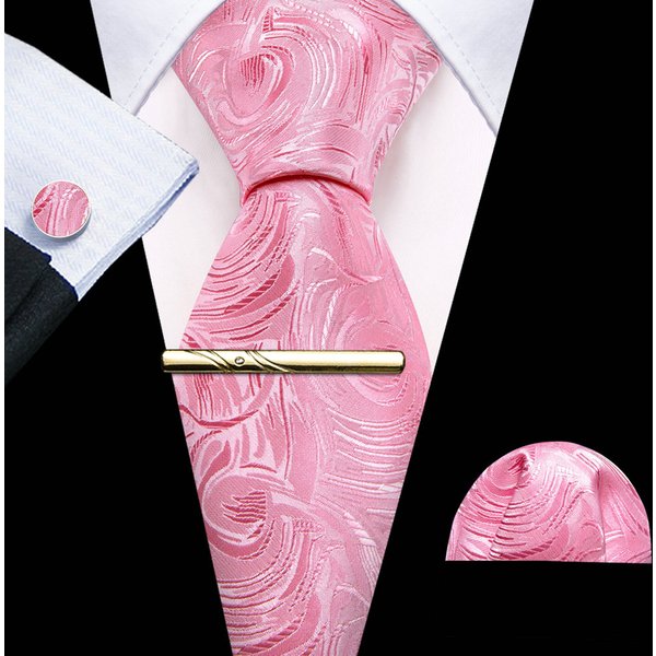 Wedding Peach Pink Silk Tie For Men Exquisite Geometric Jacquard Handkerchief Cufflinks Clips Sets Groom Party Gifts Barry.Wang