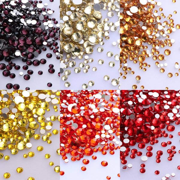 1440 Stück Mix-Größe, runde Glas-Strasssteine mit flacher Rückseite, glitzernd, gelb, zum Aufkleben auf Steinen, rot, nicht Hotfix-Strasssteine für DIY-Nagelkunst