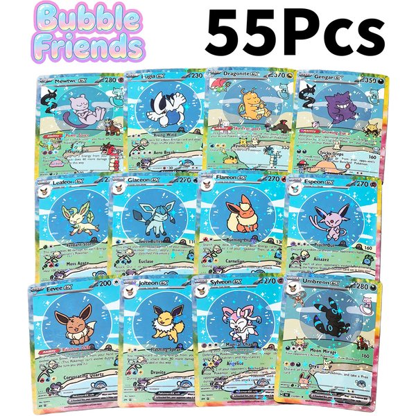 55 Stück Niedliche DIY-Karten Proxy Poke My Bubble Friends Holografische Anime-Version Pocket Monster Sammelkarten Eevee Charizard