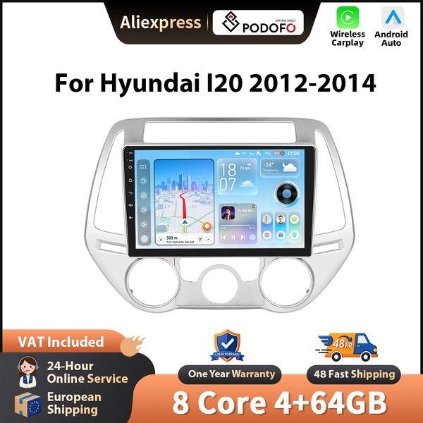 Podofo 9'' Wireless CarPlay Autoradio für Hyundai I20 2012-2014 Android GPS Navigation Autoradio FM/RDS BT EQ Auto-Audioanlage