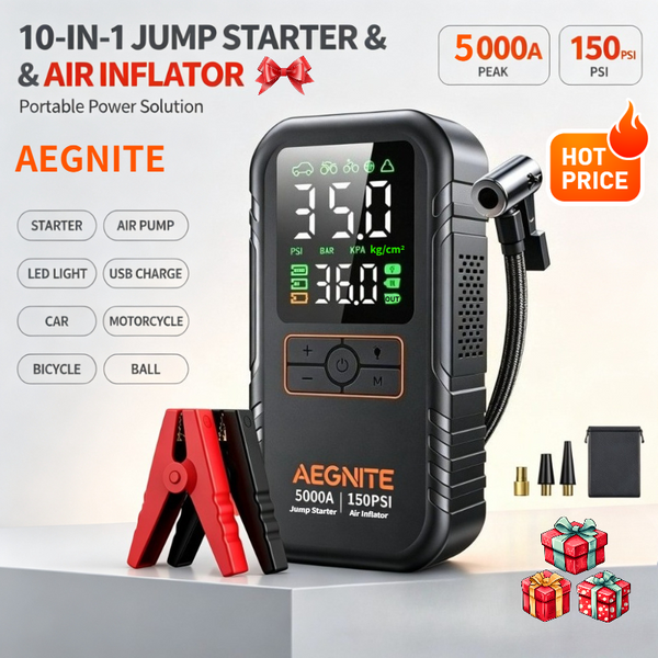 AEGNITE 7‑in‑1 Auto‑Starthilfe 5000A Spitzenstrom mit 150PSI Reifenfüller, 12V 74Wh Batteriebooster für Motoren 9L Benzin / 6,5L Diesel, Tragbare Powerbank mit USB‑Ladefunktion, LCD‑Display,