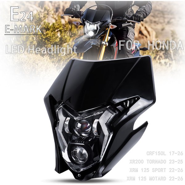 Phare avant à LED E24 pour Honda CRF150L XR200 Tornado XRM 125 Motard Sport 2017-2026, masque de phare de moto avec éclairage DRL