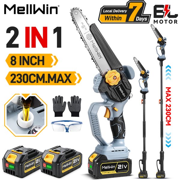 MELLWIN 2-in-1 Bürstenlose 8-Zoll-Teleskopstangen-Elektrokettensäge, Hochastsäge mit 180 cm Teleskopstange, Garten-Astschere für Makita 18V Akku.