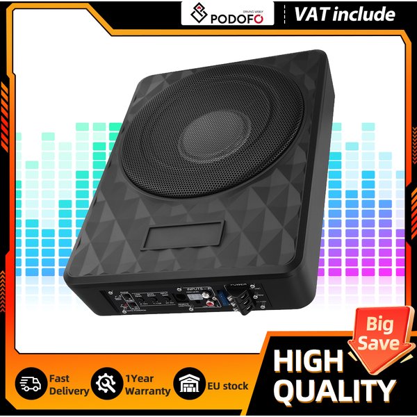 Podofo 10 Zoll Ultra Slim Aktiver Auto-Subwoofer für unter den Sitz, kompakter Auto-Bass-Audio-Stereo-Verstärker-Lautsprecher