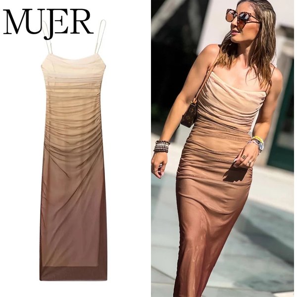 MUJER Damen-Mesh-Wickelkleid, Tüll, plissiert, bedruckte Kleider für Damen, 2022, Midi, lässig, Sommer, weiblich, figurbetont, Slip-Korsett-Kleid