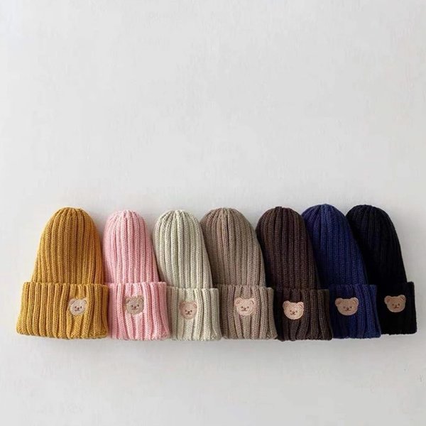 2022 Korea Frühling Herbst Kinder jungen Hut Candy Farbe Baby Jungen Stricken Hut Baby Mädchen Bär Kopf Stickerei Kinder Gestrickte Hut