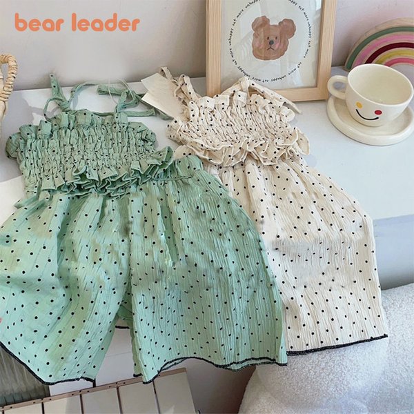 Bear Leader-Ensemble deux pièces pour enfants, vêtements pour filles, mode, nouvelle vague, pois plissés, jarretelles, précieux, haut + pantalon à jambes larges, été