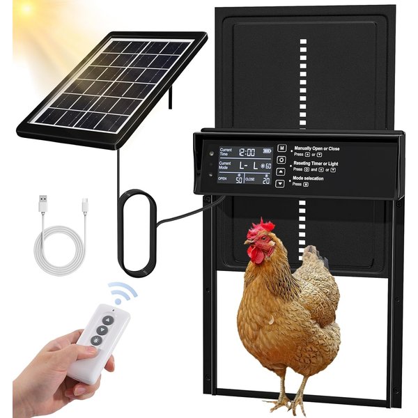 Solar Chicken Coop Door, Automatic Chicken Door Solar Powered & USB Charging, Auto Chicken Door 4 Modes with Timer & Light Senso