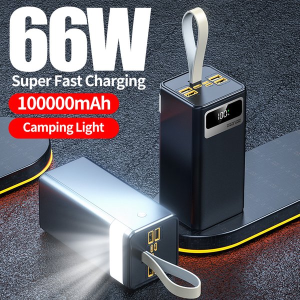 100000mAh Powerbank, 66W Superschnelles Laden, Powerbank mit extrem großer Kapazität, intelligentes Digital-Display, Lederband, LED-Licht für Outdoor-Camping, Reise-Notstromversorgung, geeignet für