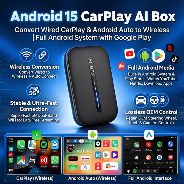 Boîtier AI CarPlay sans fil 2026 Android 15 Kowankit Adaptateur Android Auto sans fil 3-en-1 Boîtier TV intelligent pour voiture HD Plug & Play Netflix YouTube