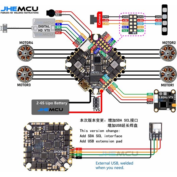 JHEMCU GHF405AIO-HD 40A AIO contrôleur de vol F405 F4 OSD intégré blheli-s ESC 2-6S Lipo pour Drone de course RC FPV cure-dents