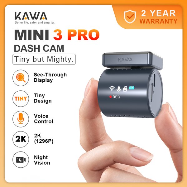 KAWA Dash Cam MINI 3 Pro – miniaturowa kamera samochodowa 2K z przezroczystym wyświetlaczem, sterowaniem głosowym, całodobowym monitoringiem parkowania, funkcją noktowizji i superkondensatorem.