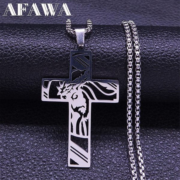Collier Homme en Acier Inoxydable avec Croix de Jésus, Couronne d'Épines, Bijou Collier Masculino N7074S02