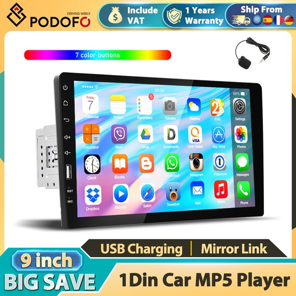 Podofo 1Din 9-calowy dotykowy ekran multimedialny do samochodu, odtwarzacz wideo MP5, funkcja Mirror Link, inteligentne systemy samochodowe, Bluetooth, FM, USB, radio