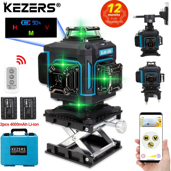 KEZERS digital display grün laser level 4000 16 linien 4d KL4D-03G selbst nivellierung koffer 2 stücke mah lithium batterien