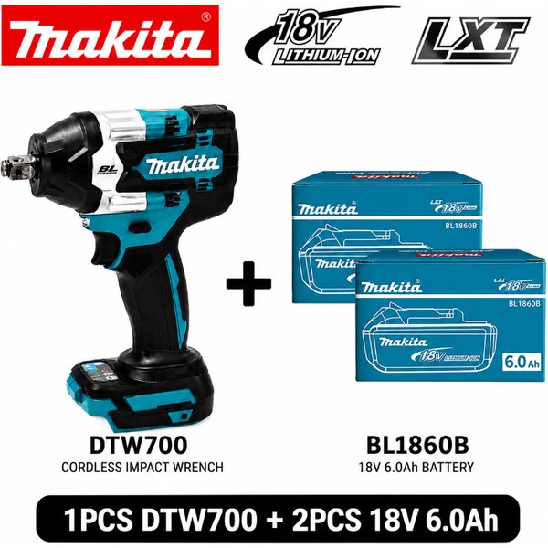 Oryginalny klucz udarowy Makita DTW700, elektryczny, 18V, bezszczotkowy, akumulatorowy, 700Nm, wysoki moment obrotowy, regulowana prędkość, automatyczne wyłączanie, do napraw samochodowych, bateria