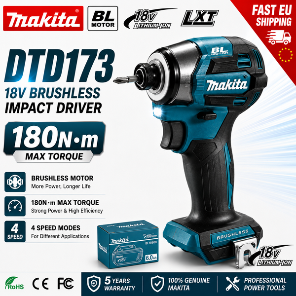 Makita DTD173 18V LXT Bürstenloser Schlagschrauber 180N·m Akku-Schrauber mit Doppel-LED und BL1860 6,0Ah Akku EU-Lieferung