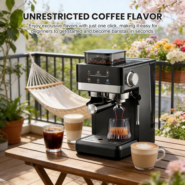 Matte Schwarze Smart Espresso-Kaffeemaschine mit Mahlwerk, Touchscreen und Vorinfusion 360 ° Dampfwand Cold Brew