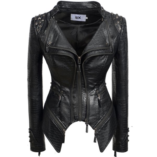 Mode SX femmes Crocodile Rivet PU veste forme parfaite moto vélo veste
