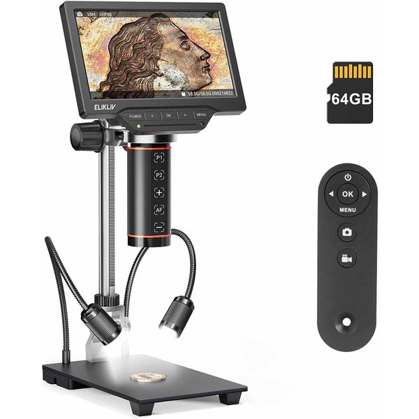 Elikliv EM3K-AF 7'' Autofokus Digitalmikroskop 2000X 3K HDMI Löt-Mikroskop für Elektronik-Reparatur mit 10-Zoll-Ständer 64GB