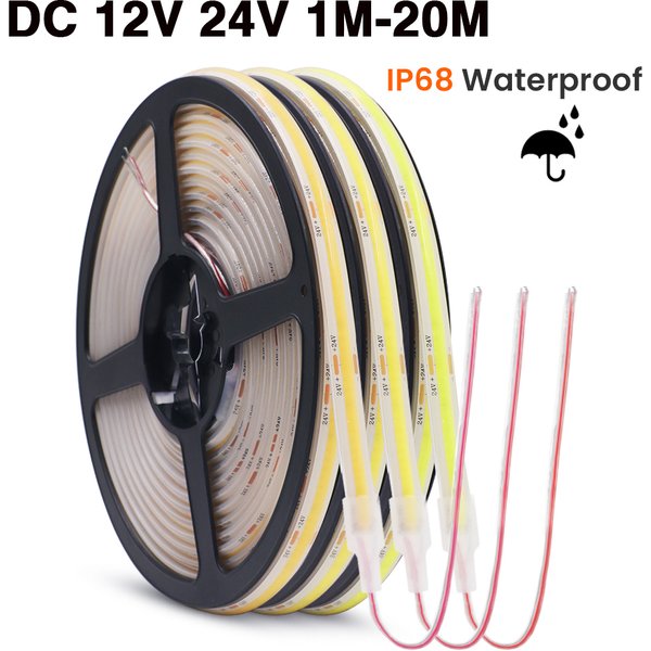 Bande COB étanche IP68, 12V 24V, 320 diodes/M RA90, 3000K, 4000K, 6000K, décoration de jardin, ruban Flexible, lumière LED, 1M, 10M, 20M
