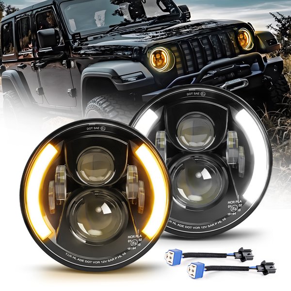 Braveway LED-Scheinwerfer, 7 Zoll, rund, 3500 K, bernsteinfarbener Blinker, weißer Tagfahrlicht, Hi/Lo-Beam, E9, superhell, für Motorrad, Offroad, 4 x 4, 24 V