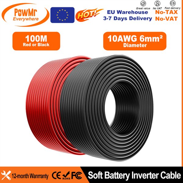 PowMr EU 100M 328FT Solar Power Cable 6mm ² 10AWG Wire PV Photovoltaic Cable TUV Cable For PV Panels Connection Red Black Jack