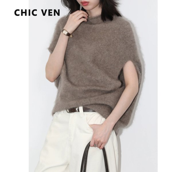 CHIC VEN Damen Rollkragen-Wollpullover, Lässig, Ärmellos, Oversized, Retro, Damenpullover, Herbst Winter 2026